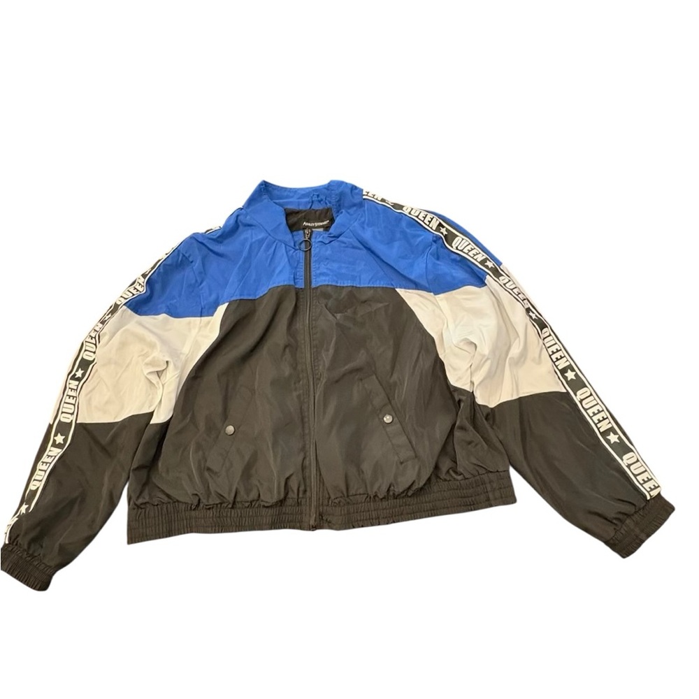 QUEEN Sporty Windbreaker Track Jacket Full Zip Women 22/24 Blue White Colorblock
